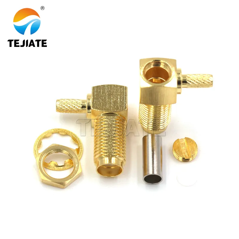 Extended SMA right-angle connector with reinforced housing for compact RF devices