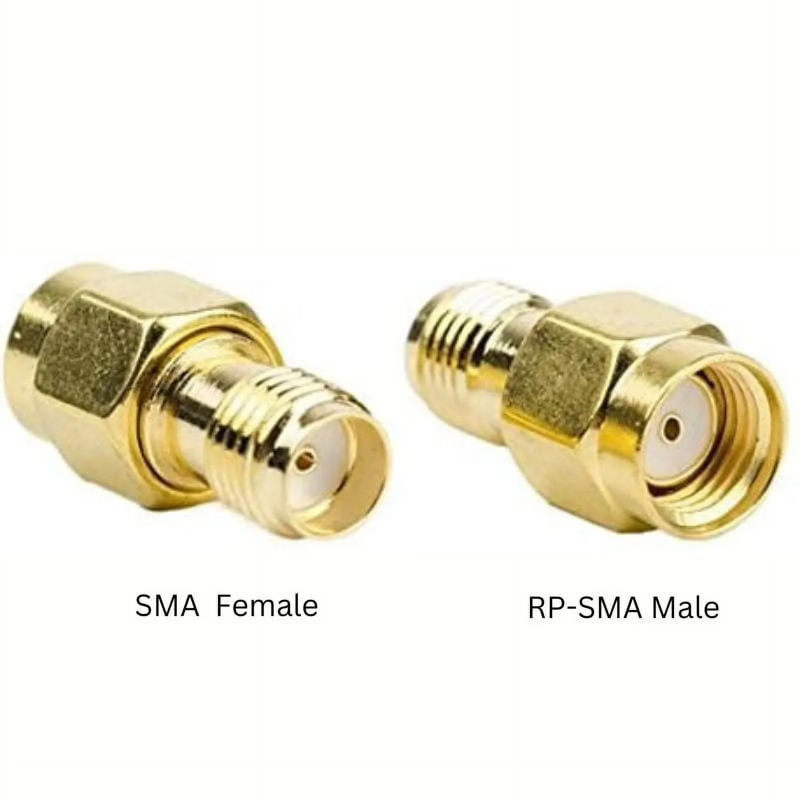Close-up comparison highlighting the difference between an SMA Female connector (no center pin) and an RP-SMA Male connector (with a center pin).