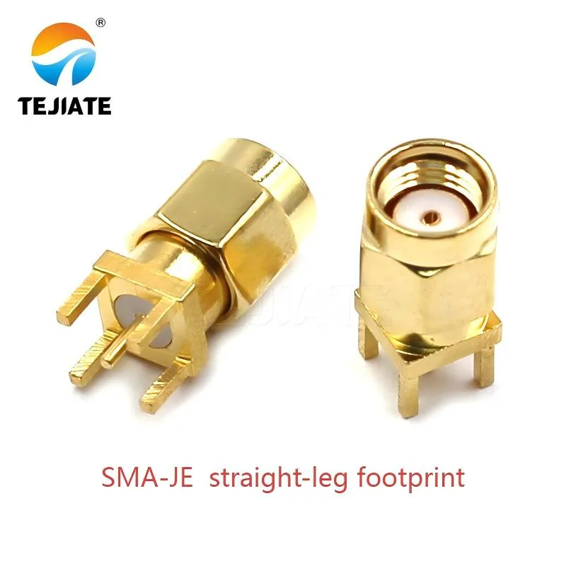 Dimensional drawing of the SMA-JE straight-leg connector footprint, including pad and hole sizes.