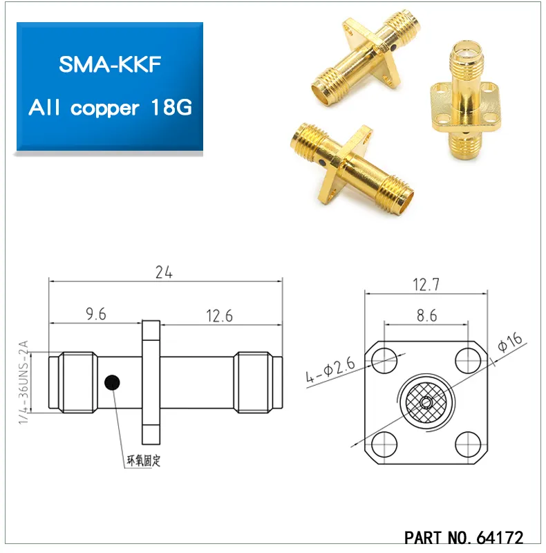 Dimensional drawing of TEJTE SMA-KKF full copper bulkhead connector (P/N 64172). Dimensional drawing of TEJTE SMA-KKF full copper bulkhead connector (P/N 64172).