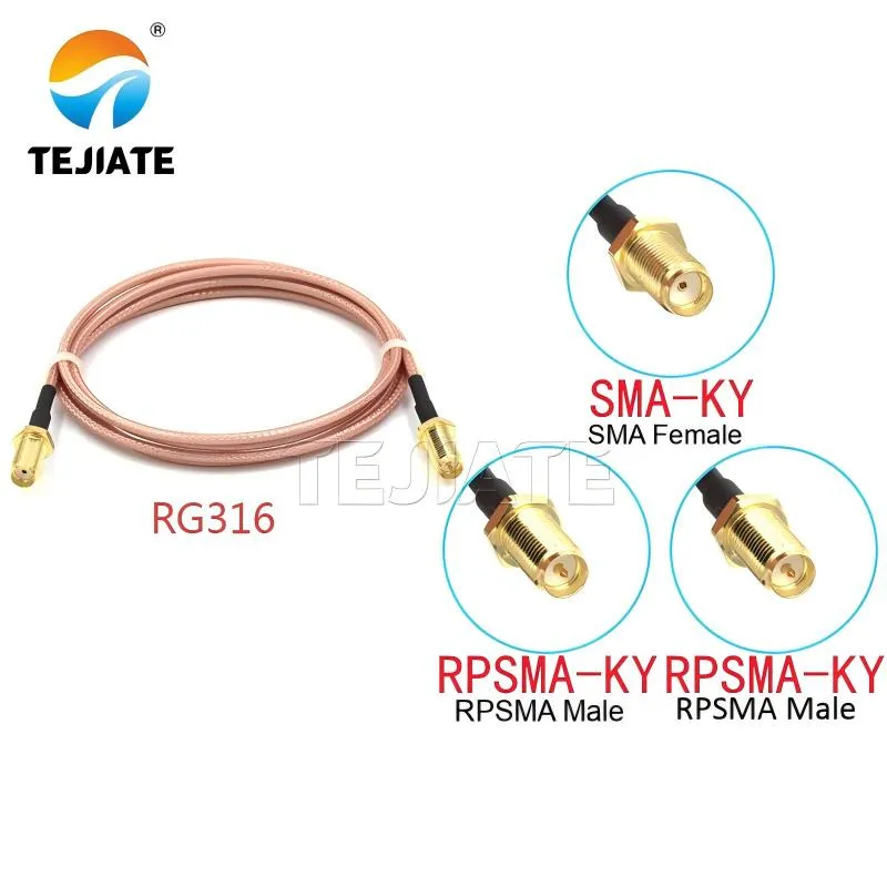 Visual comparison table between SMA Female and RP-SMA Male bulkhead connectors, often accompanied by a summary of cable specifications.