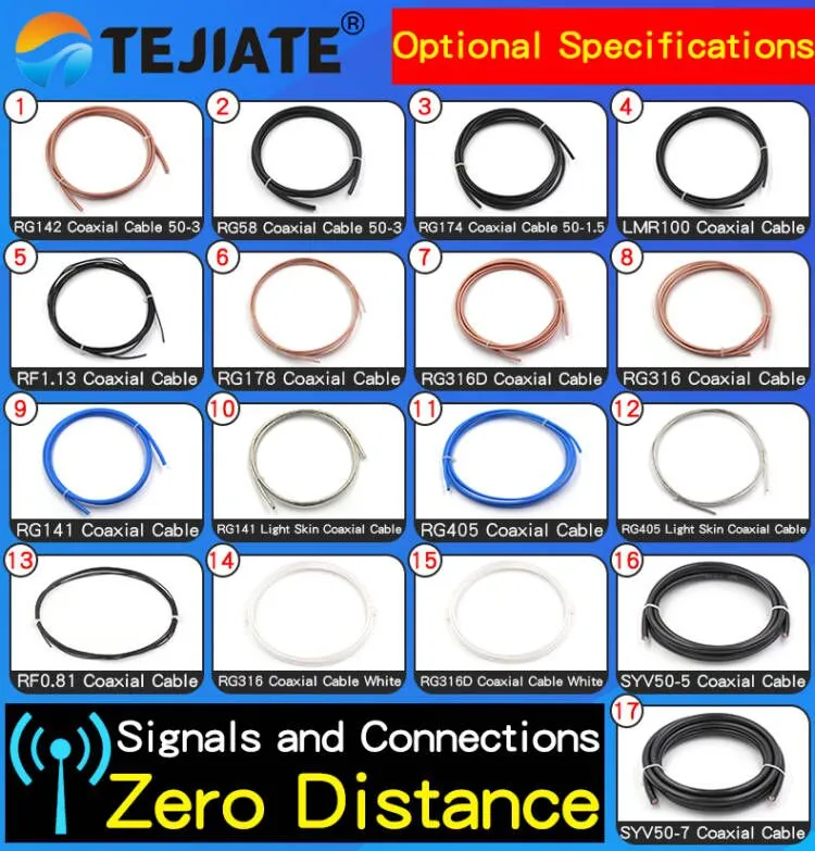 Full TEJTE coaxial cable lineup including RG174, RG316, LMR200, and LMR240 types