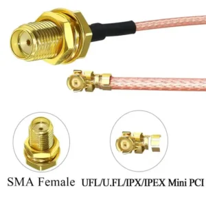 U.FL to SMA Female pigtail connected to a Mini PCIe or M.2 card, demonstrating the typical installation on a wireless module.