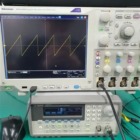 An engineer in a lab uses an oscilloscope to test waveforms on a high-side power switch board. An engineer in a lab uses an oscilloscope to test waveforms on a high-side power switch board.