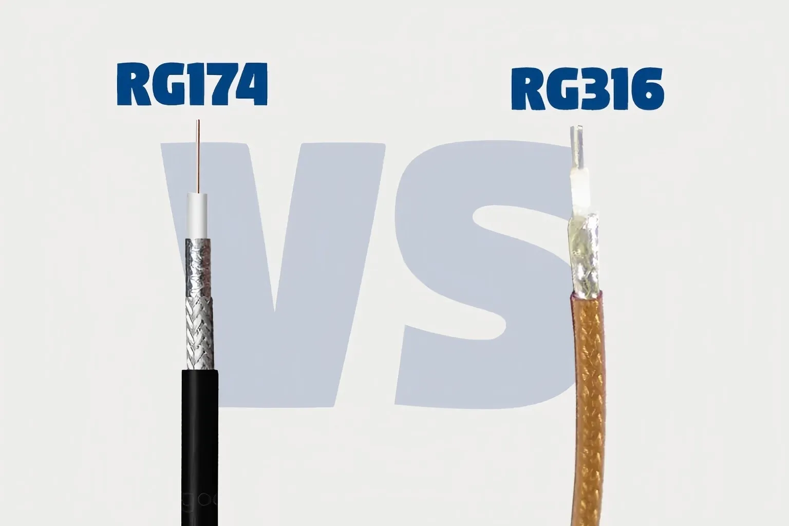 Comparison diagram between RG316 and RG174 coaxial cables. Comparison diagram between RG316 and RG174 coaxial cables.