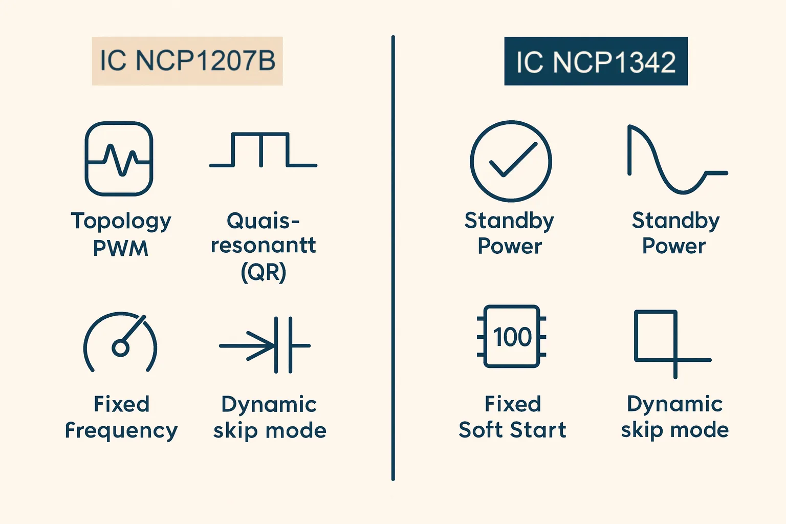 Block diagram comparing the topology and features of NCP1207 (Fixed Freq PWM) vs. NCP1342 (Quasi-Resonant) controllers. Block diagram comparing the topology and features of NCP1207 (Fixed Freq PWM) vs. NCP1342 (Quasi-Resonant) controllers.
