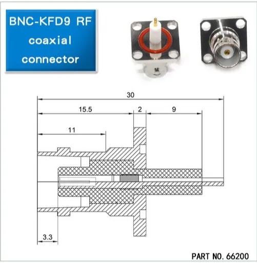 Engineering dimensional drawing of the BNC-KFD9 RF coaxial connector.