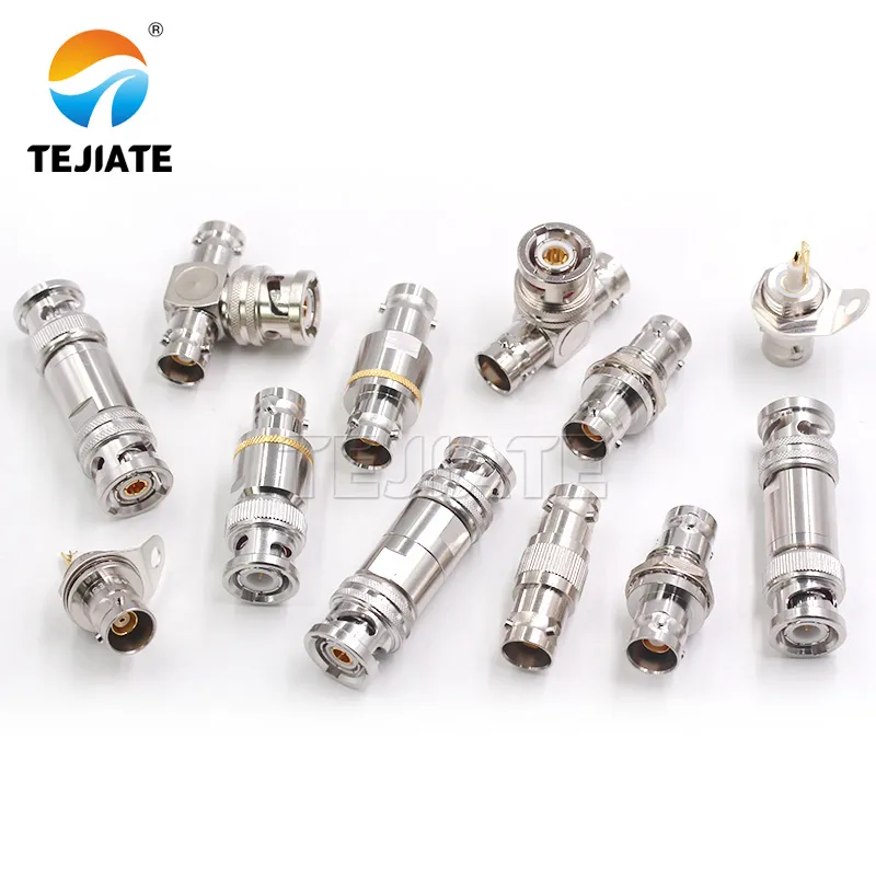 An assortment of TEJIATE brand BNC T connectors, including models like BNC-JKKK and BNC-KKY, displayed on a lab bench.