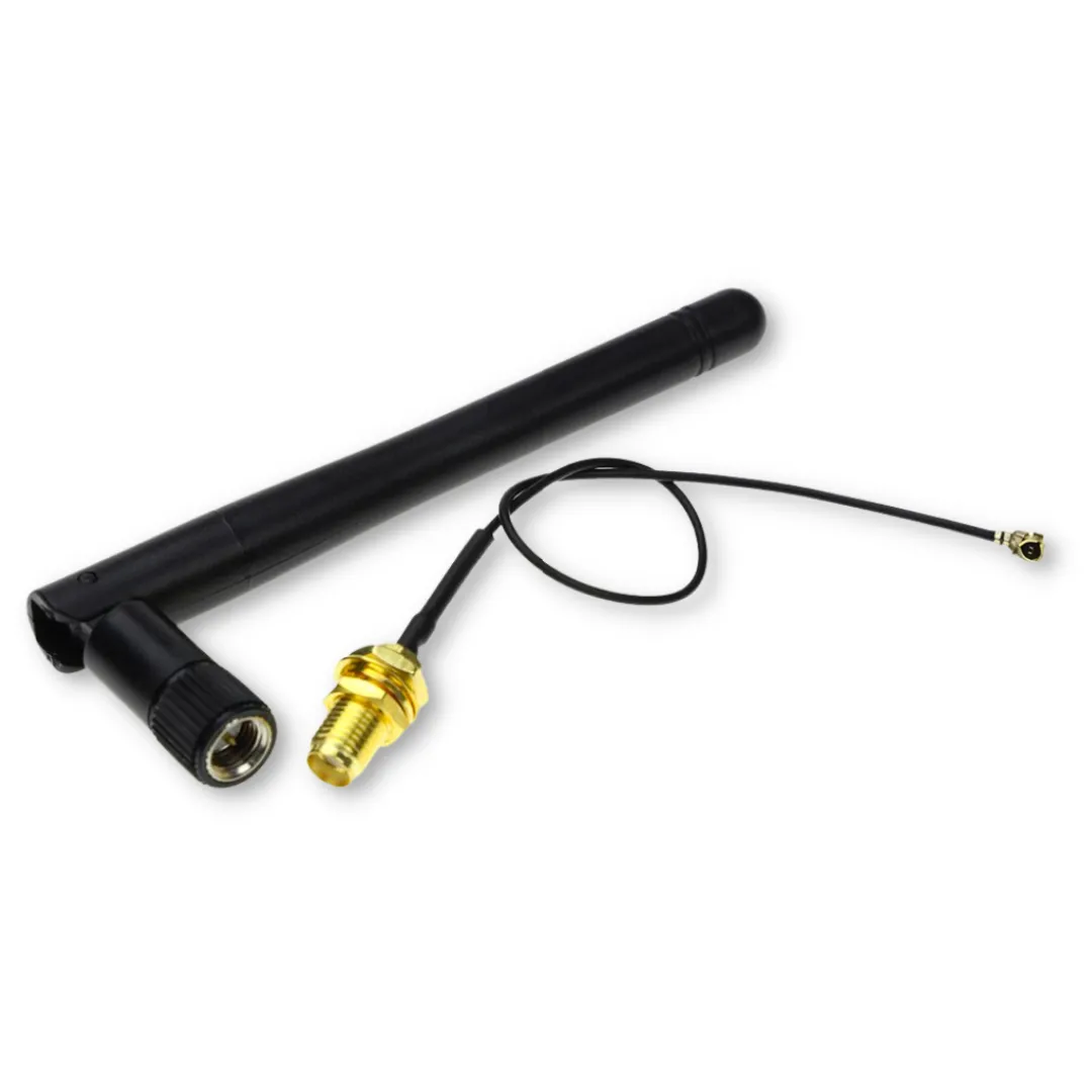 Product photo of a 2.4 GHz Wi-Fi antenna U.FL-connected micro-coaxial cable Product photo of a 2.4 GHz Wi-Fi antenna U.FL-connected micro-coaxial cable