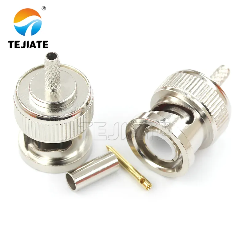 Close-up of a 50-ohm BNC male connector, showing its thicker center pin and tight mechanical fit. Close-up of a 50-ohm BNC male connector, showing its thicker center pin and tight mechanical fit.