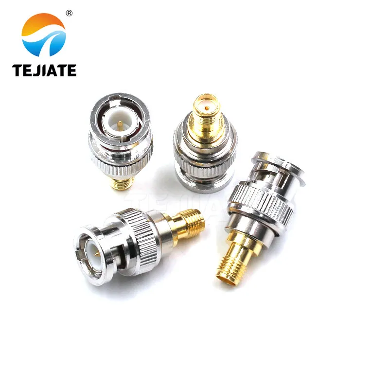 A macro close-up of a TEJTE SMA-F to BNC-M adapter, clearly showing details such as the nickel-plated brass body, gold-plated center pin, and PTFE dielectric. A macro close-up of a TEJTE SMA-F to BNC-M adapter, clearly showing details such as the nickel-plated brass body, gold-plated center pin, and PTFE dielectric.