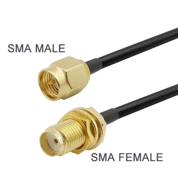 Close-up for SMA connector gender identification: left shows SMA female (center hole, outer threads), right shows SMA male (center pin, inner threads), with clear English labels. Close-up for SMA connector gender identification: left shows SMA female (center hole, outer threads), right shows SMA male (center pin, inner threads), with clear English labels.