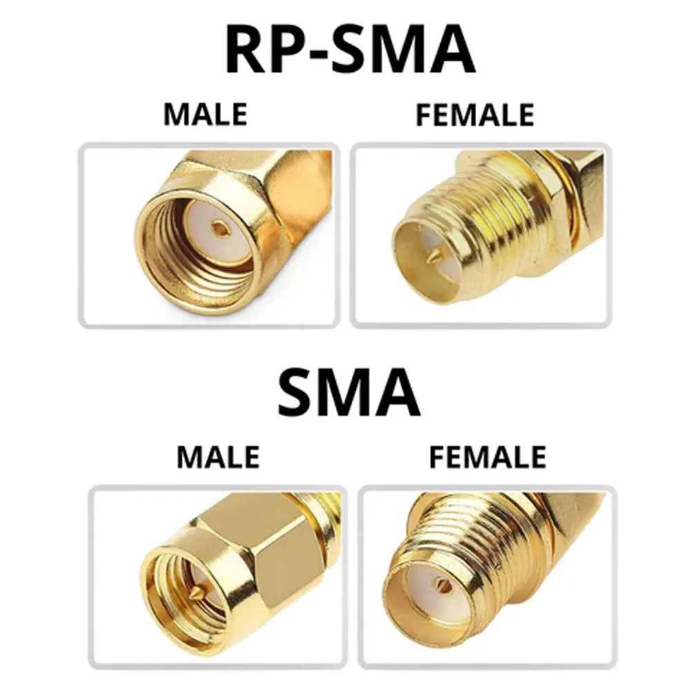 Side-by-side comparison chart: top row shows RP-SMA male and female, bottom row shows standard SMA male and female, clearly displaying the differences in center conductor (pin/hole) and thread direction. Side-by-side comparison chart: top row shows RP-SMA male and female, bottom row shows standard SMA male and female, clearly displaying the differences in center conductor (pin/hole) and thread direction.