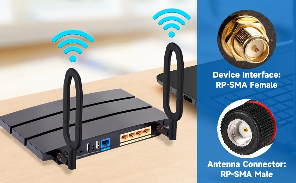 Correct connection schematic labeled “Device Interface: RP-SMA Female” and “Antenna Connector: RP-SMA Male”. Correct connection schematic labeled “Device Interface: RP-SMA Female” and “Antenna Connector: RP-SMA Male”.