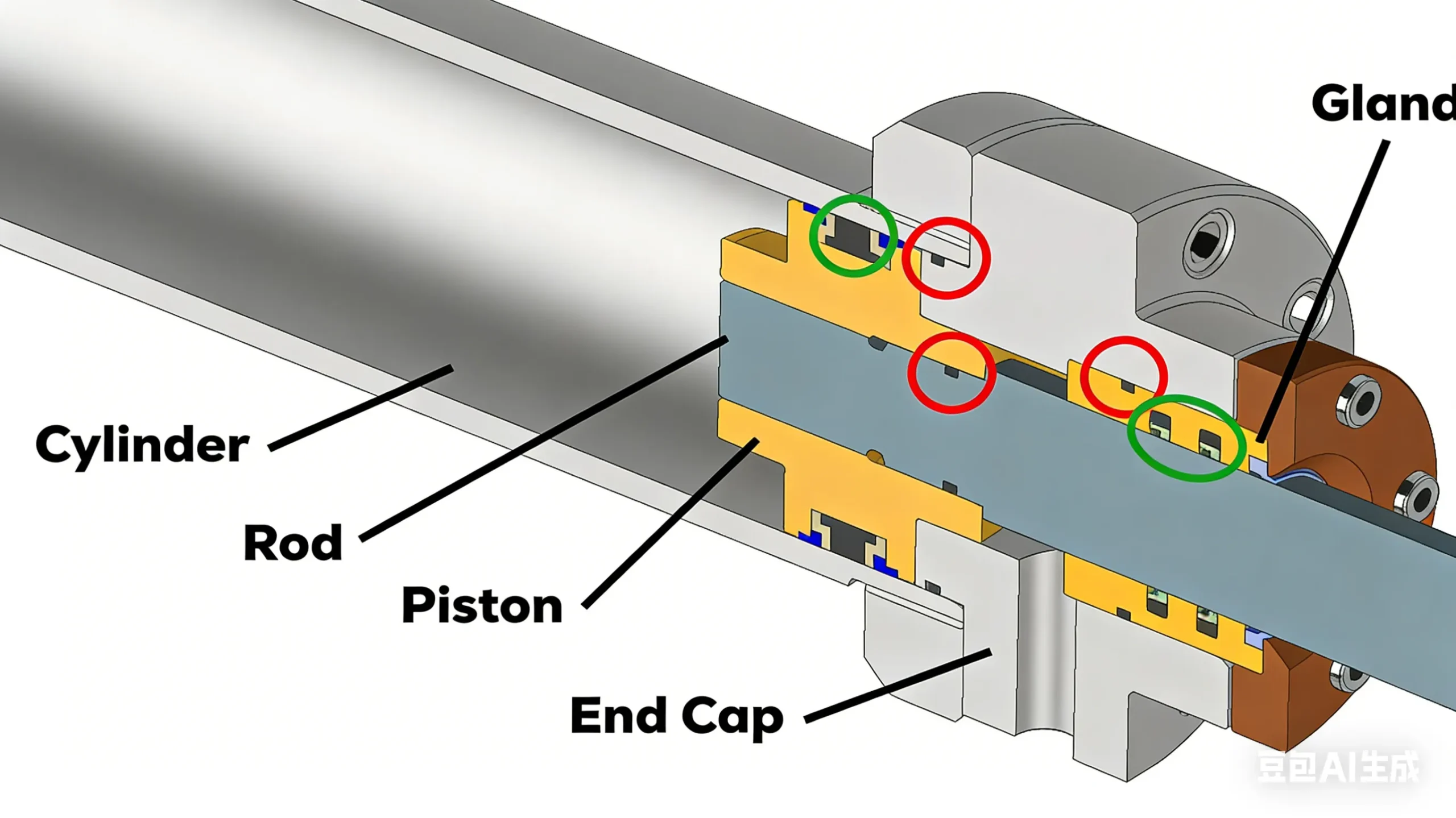 Exploded schematic diagram of key IP67 sealing components for outdoor antennas, such as O-rings, cable glands, pistons, and end caps. Exploded schematic diagram of key IP67 sealing components for outdoor antennas, such as O-rings, cable glands, pistons, and end caps.