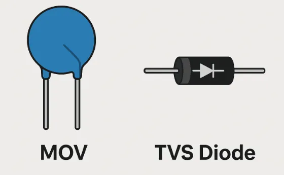 Side-by-side product photo comparison of a MOV varistor and a TVS diode. Side-by-side product photo comparison of a MOV varistor and a TVS diode.