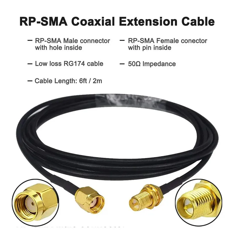 A product illustration of an RP-SMA coaxial extension cable, labeled with connector types (male with inner hole, female with inner pin), cable type (low loss RG174), impedance (50Ω), and length (6ft / 2m). A product illustration of an RP-SMA coaxial extension cable, labeled with connector types (male with inner hole, female with inner pin), cable type (low loss RG174), impedance (50Ω), and length (6ft / 2m).