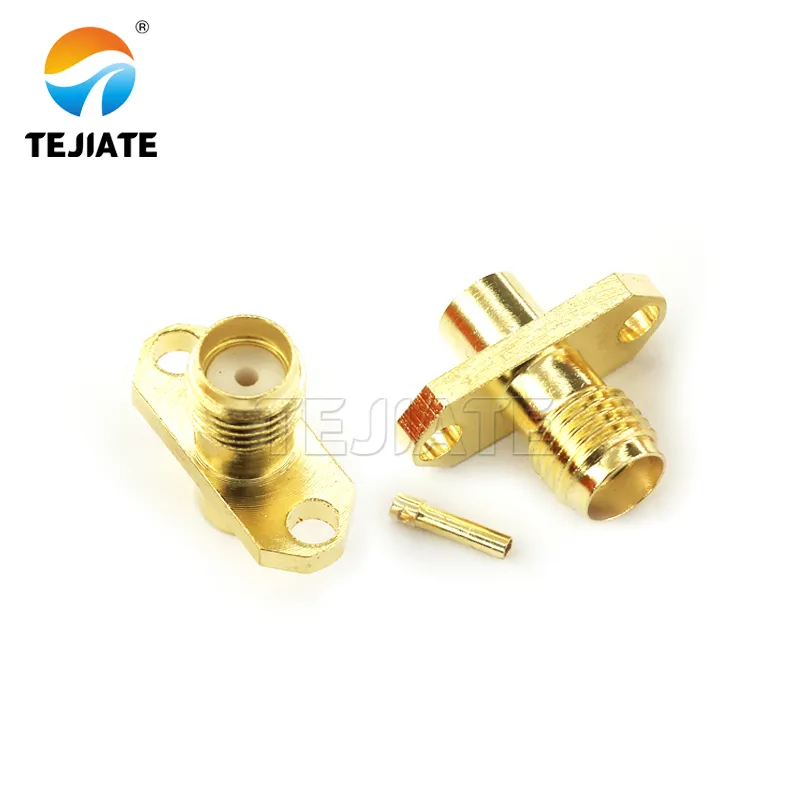 Product photo of an SMA Flange (flange-mount) connector. Product photo of an SMA Flange (flange-mount) connector.