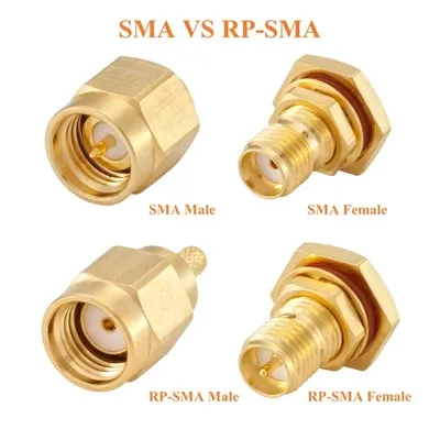 Quick-identification chart for SMA and RP-SMA connectors (male, female), focusing on thread location and center contact. Quick-identification chart for SMA and RP-SMA connectors (male, female), focusing on thread location and center contact.