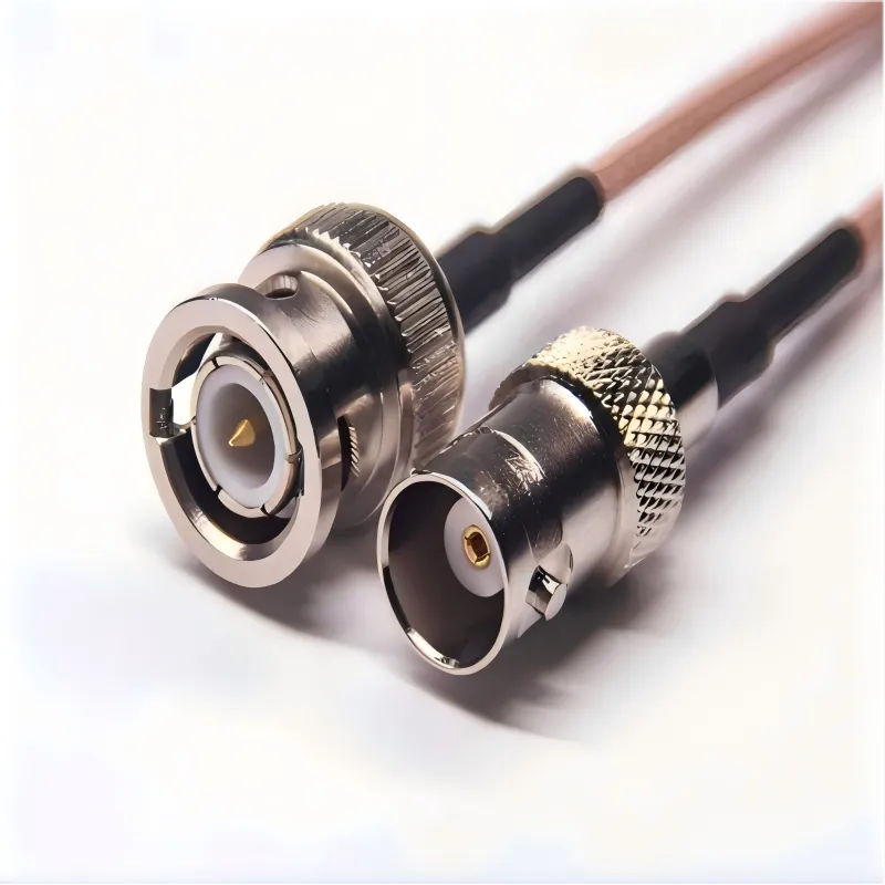 Diagram of a BNC male-to-female connector assembly with cable. Diagram of a BNC male-to-female connector assembly with cable.