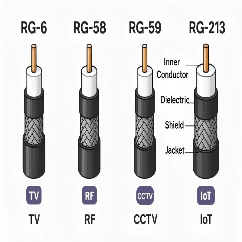 Deconstruction diagram of coaxial cable internal construction (conductor, dielectric, braid, jacket) versus RG types (RG58, RG59, RG6, etc.). Deconstruction diagram of coaxial cable internal construction (conductor, dielectric, braid, jacket) versus RG types (RG58, RG59, RG6, etc.).