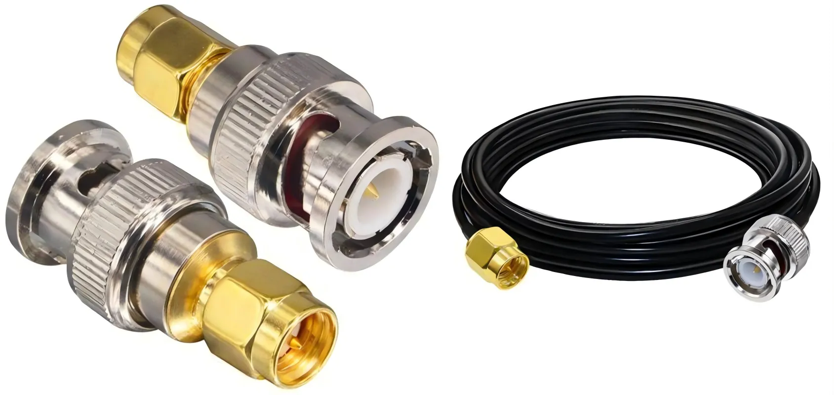 Side-by-side comparison of a rigid SMA to BNC adapter and a flexible SMA to BNC cable jumper. Side-by-side comparison of a rigid SMA to BNC adapter and a flexible SMA to BNC cable jumper.