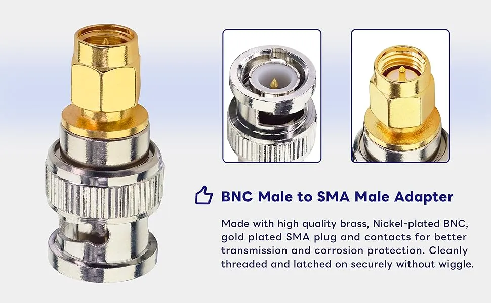 Diagram of a BNC male to SMA male adapter, showing its construction and typical placement between a device and an instrument. Diagram of a BNC male to SMA male adapter, showing its construction and typical placement between a device and an instrument.