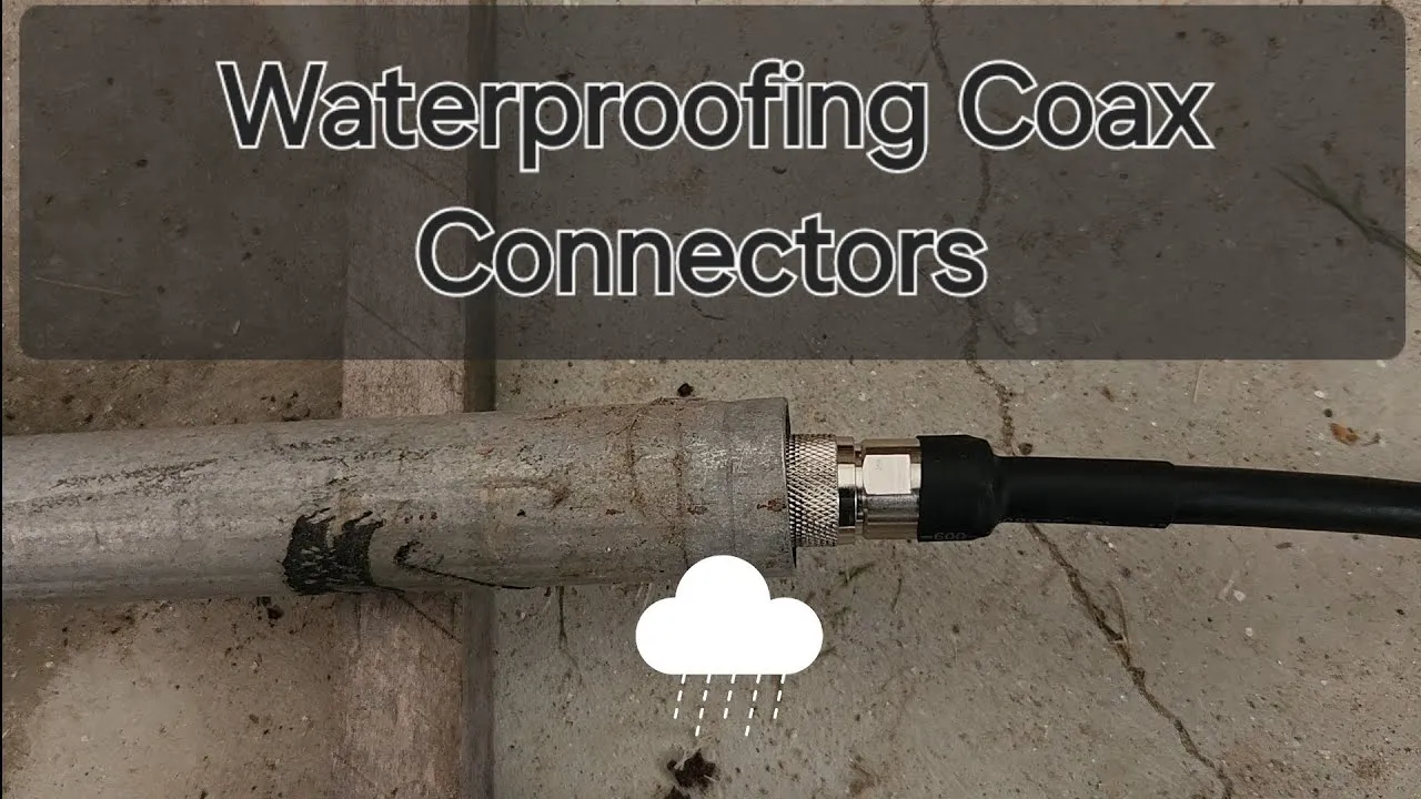Step-by-step illustration or photo sequence showing how to weatherproof an N-type coaxial connector using tape and boots. Step-by-step illustration or photo sequence showing how to weatherproof an N-type coaxial connector using tape and boots.