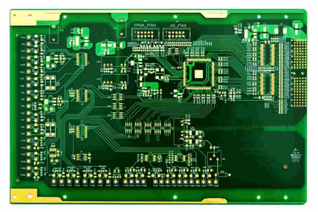 A PCB layout diagram or cross-section illustration with animated arrows showing how ESD current from a connector can propagate through chassis ground, couple into digital ground and power planes, and eventually reach sensitive IC pins far from the entry point. A PCB layout diagram or cross-section illustration with animated arrows showing how ESD current from a connector can propagate through chassis ground, couple into digital ground and power planes, and eventually reach sensitive IC pins far from the entry point.