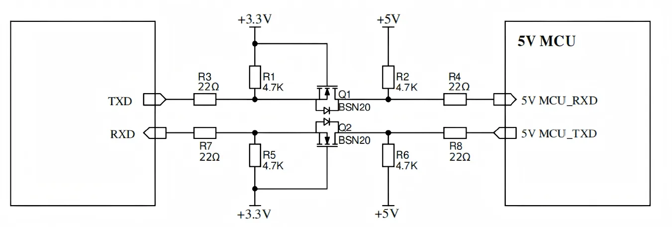 A schematic diagram of a simple logic level shifter on a circuit diagram, connecting an MCU and peripherals at different voltages.