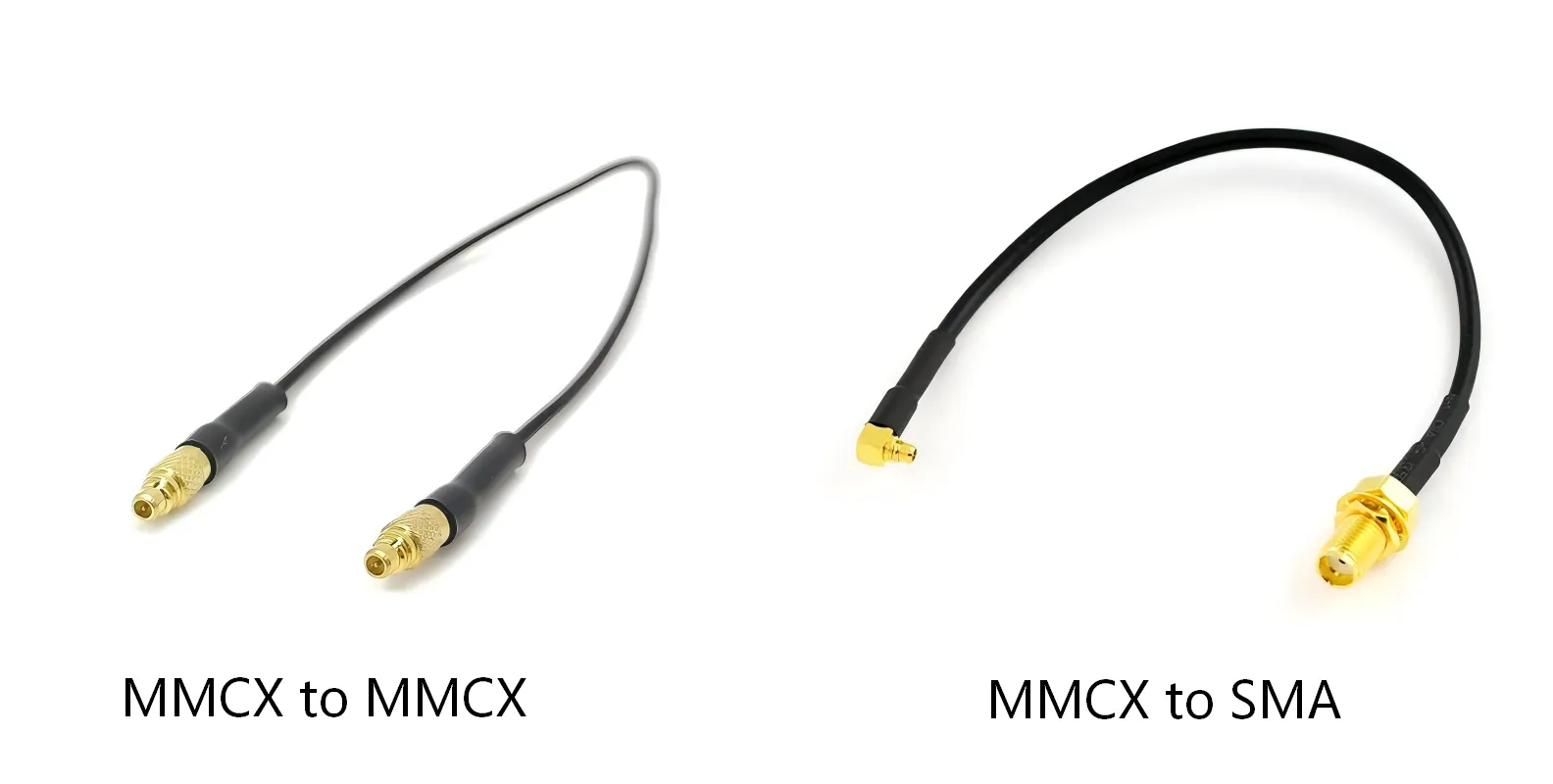 Photograph or diagram comparing different MMCX cable assembly types: MMCX-to-MMCX, MMCX-to-SMA, and possibly others. Photograph or diagram comparing different MMCX cable assembly types: MMCX-to-MMCX, MMCX-to-SMA, and possibly others.