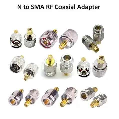 Product photograph of an N male to SMA female (or similar) RF coaxial adapter. Product photograph of an N male to SMA female (or similar) RF coaxial adapter.