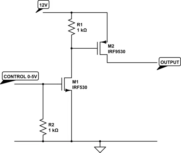 Circuit schematic for controlling a P-channel MOSFET using an N-channel MOSFET driver Circuit schematic for controlling a P-channel MOSFET using an N-channel MOSFET driver
