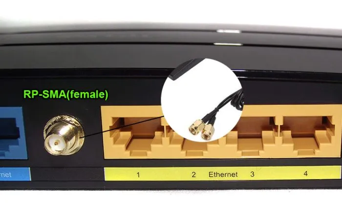 Close-up of an RP-SMA female connector on a router panel, possibly labeled with numbers or next to network ports. Close-up of an RP-SMA female connector on a router panel, possibly labeled with numbers or next to network ports.