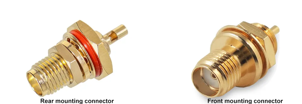 Close-up illustration or photo of an SMA bulkhead connector, showing mechanical details such as its threads and nut. Close-up illustration or photo of an SMA bulkhead connector, showing mechanical details such as its threads and nut.