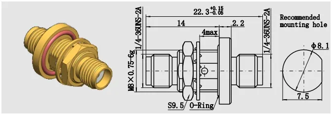Sketch or schematic of an SMA female bulkhead connector, showing its basic structure and installation elements. Sketch or schematic of an SMA female bulkhead connector, showing its basic structure and installation elements.