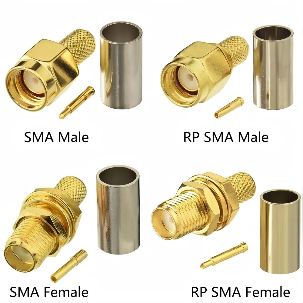 Comparison chart or diagram illustrating the physical difference in pin and socket configuration between standard SMA and RP-SMA connectors. Comparison chart or diagram illustrating the physical difference in pin and socket configuration between standard SMA and RP-SMA connectors.
