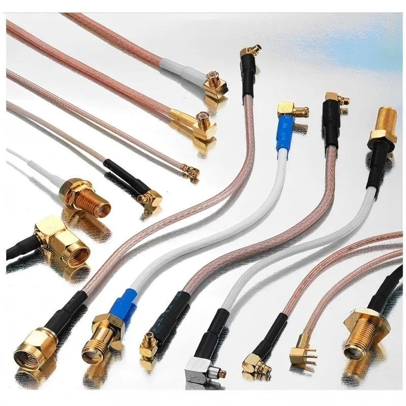An image showing a modular RF front-end PCB with predefined connector locations, next to a small set of standardized SMA antenna cable SKUs with labeled length and type. An image showing a modular RF front-end PCB with predefined connector locations, next to a small set of standardized SMA antenna cable SKUs with labeled length and type.