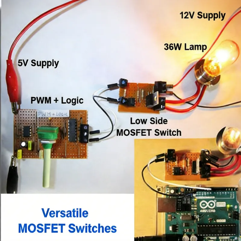 Schematic titled “Versatile MOSFET Switches,” showing a low-side MOSFET switch controlled by a PWM logic signal, connected to a 5V supply and a load.
