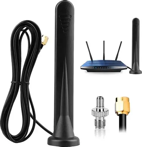 A photo of an actual installation showing a Wi-Fi router connected to an external antenna via an antenna extension cable. A photo of an actual installation showing a Wi-Fi router connected to an external antenna via an antenna extension cable.