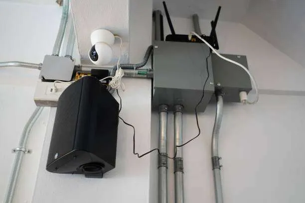 A building cabling cross-section or real-world image showing how BNC camera cables are routed through conduits, run inside risers, and installed along outdoor trays, highlighting the avoidance of over-bending. A building cabling cross-section or real-world image showing how BNC camera cables are routed through conduits, run inside risers, and installed along outdoor trays, highlighting the avoidance of over-bending.