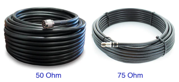 Side-by-side comparison of 50-ohm and 75-ohm coaxial cables and connectors Side-by-side comparison of 50-ohm and 75-ohm coaxial cables and connectors