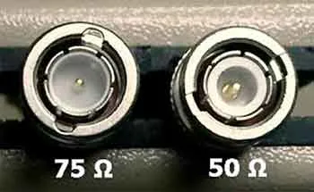 Side-by-side comparison of 50-ohm and 75-ohm coaxial cables, showing subtle construction differences Side-by-side comparison of 50-ohm and 75-ohm coaxial cables, showing subtle construction differences
