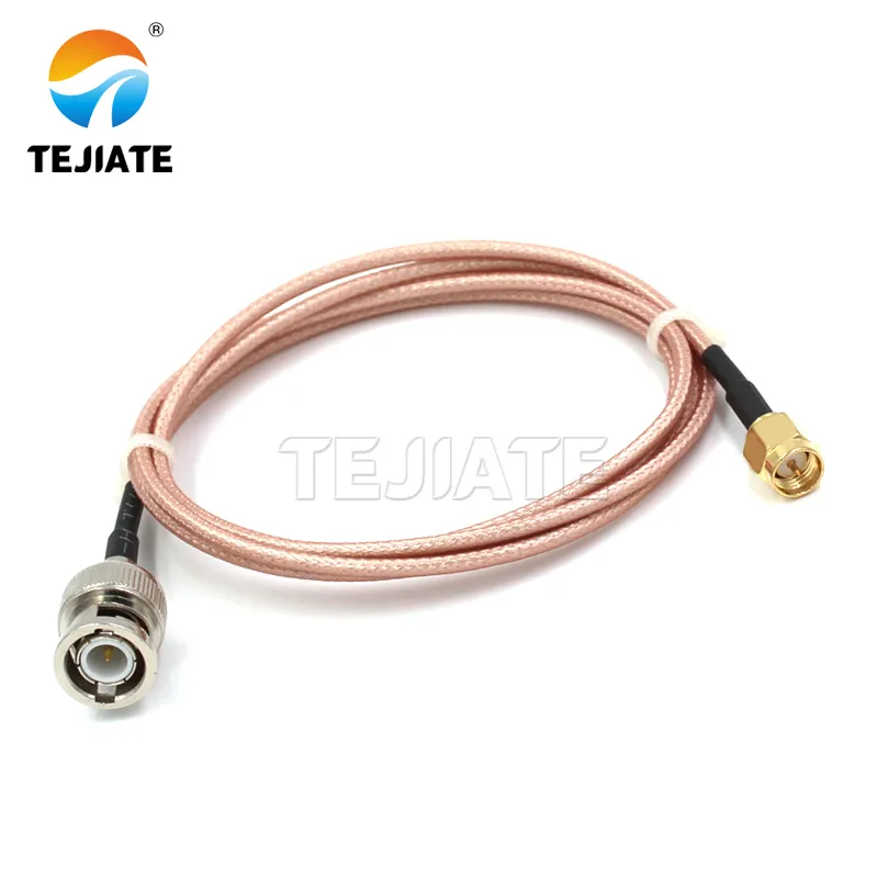 Photograph of a flexible BNC to SMA cable assembly, with a short RG316 coaxial cable between connectors Photograph of a flexible BNC to SMA cable assembly, with a short RG316 coaxial cable between connectors