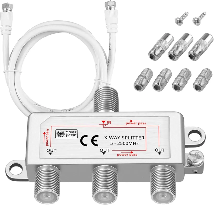 Photograph of a coaxial cable splitter with one input and two output ports, used to divide a single feed into multiple destinations Photograph of a coaxial cable splitter with one input and two output ports, used to divide a single feed into multiple destinations