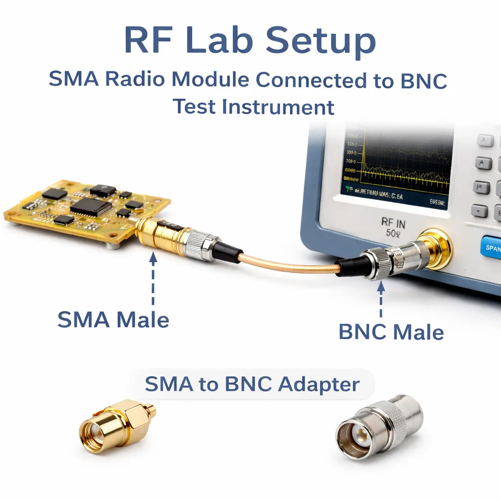 Diagram showing a connector mismatch on a workbench between an SMA device and a BNC instrument Diagram showing a connector mismatch on a workbench between an SMA device and a BNC instrument