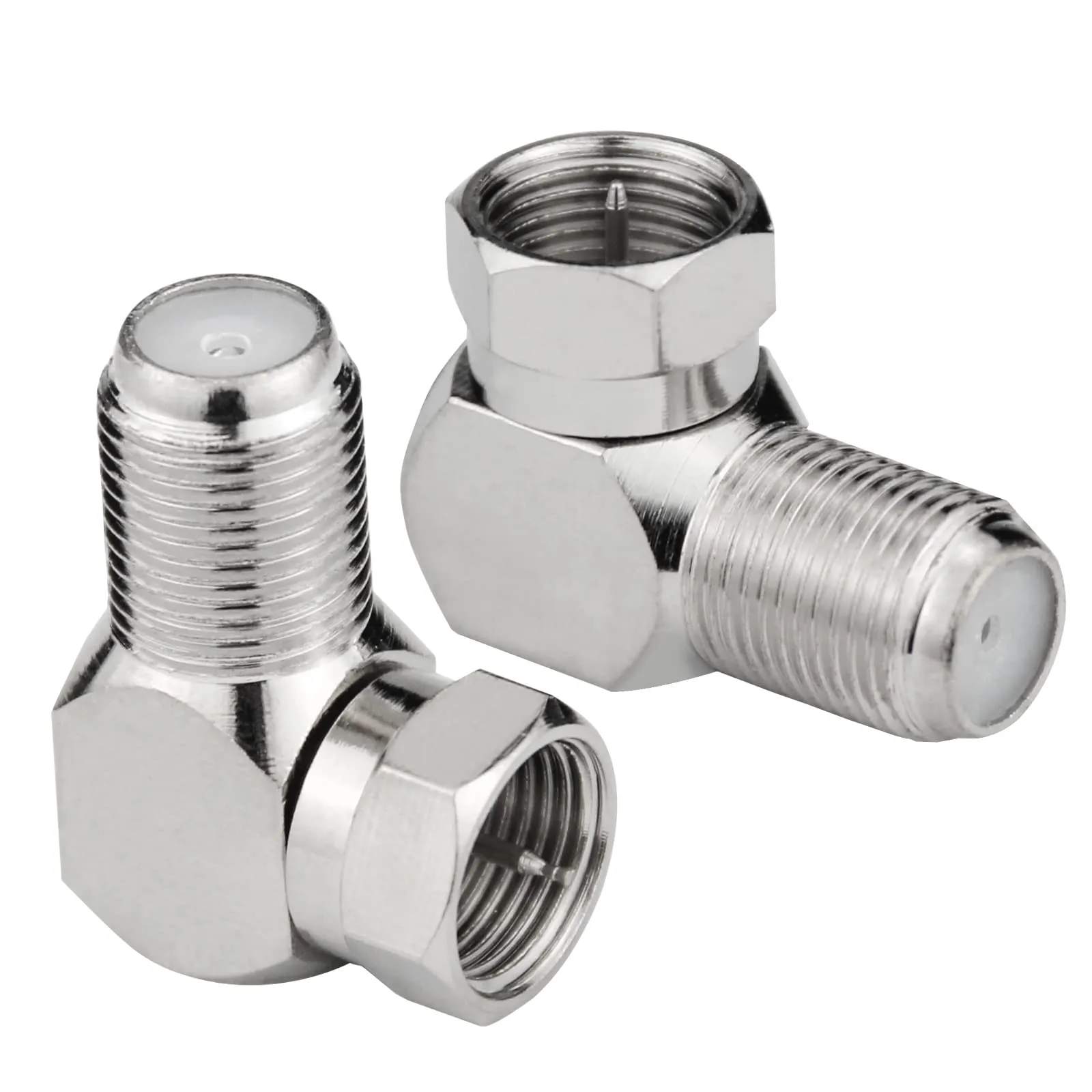 Close-up product photo of TV coax connector parts including F-type male and female fittings, coupler, splitter, and right-angle coax adapter on a neutral surface Close-up product photo of TV coax connector parts including F-type male and female fittings, coupler, splitter, and right-angle coax adapter on a neutral surface