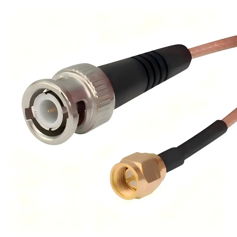 Photograph of a flexible BNC to SMA cable assembly, with a short coaxial cable between BNC and SMA connectors Photograph of a flexible BNC to SMA cable assembly, with a short coaxial cable between BNC and SMA connectors