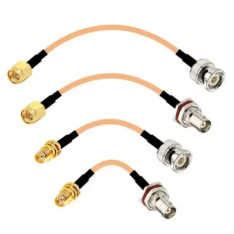 Photograph of a flexible SMA to BNC cable assembly, with a short coaxial cable between SMA and BNC connectors Photograph of a flexible SMA to BNC cable assembly, with a short coaxial cable between SMA and BNC connectors