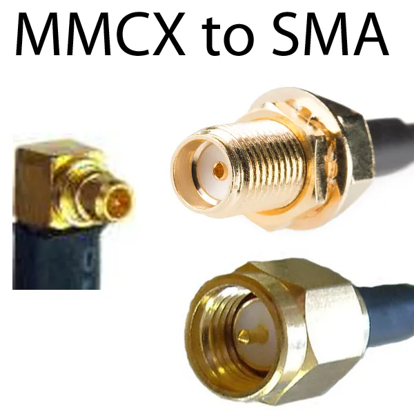 A typical MMCX to SMA cable assembly, with MMCX plug on one end and SMA plug on the other A typical MMCX to SMA cable assembly, with MMCX plug on one end and SMA plug on the other
